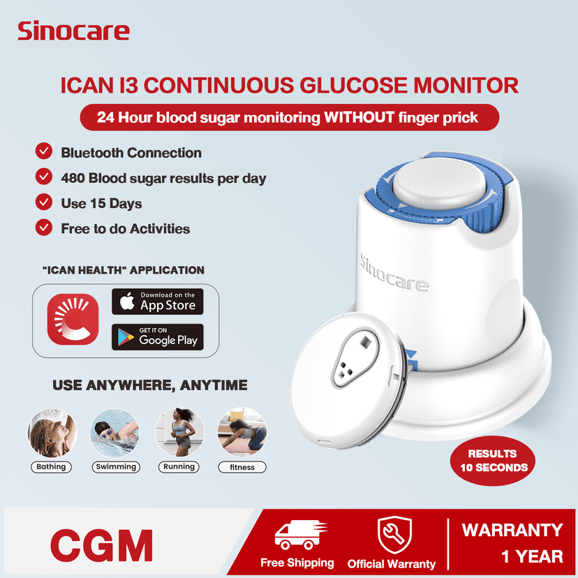 Continious Glucose Monitoring System CGM , No Scanning, Less Pain, Output Every 3 Minutes via iCan CGM APP, Blood Sugar Test Kit for Diabetes Monitoring, iCan i3 CGM (15 Days Continuous Monitoring )